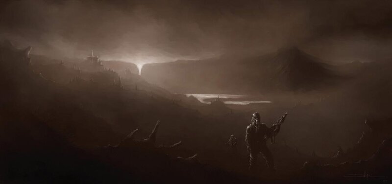 Soldiers in a desolate landscape