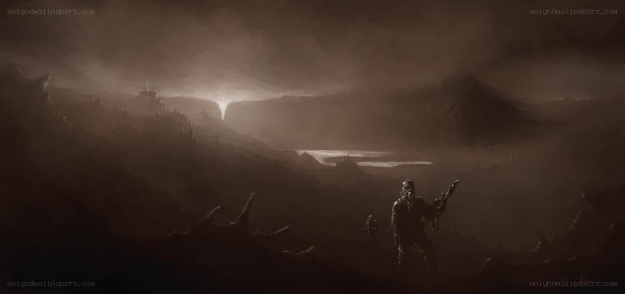 Soldiers in a desolate landscape