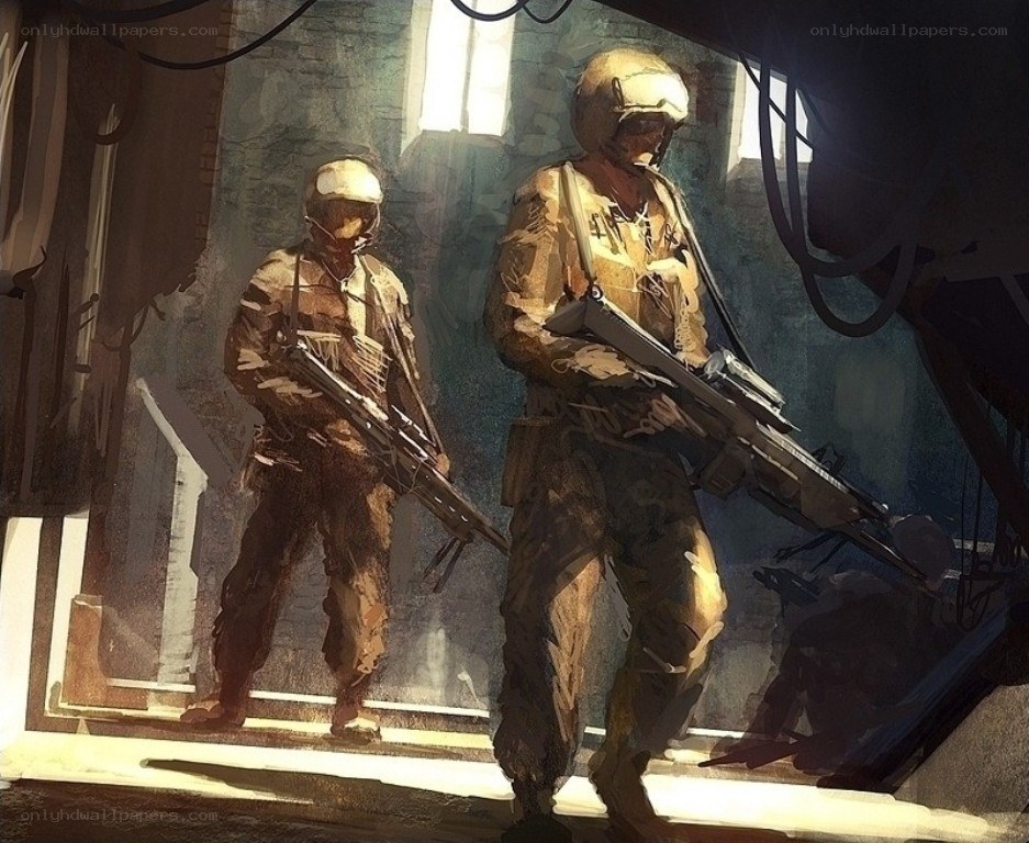soldiers in a dimly lit corridor