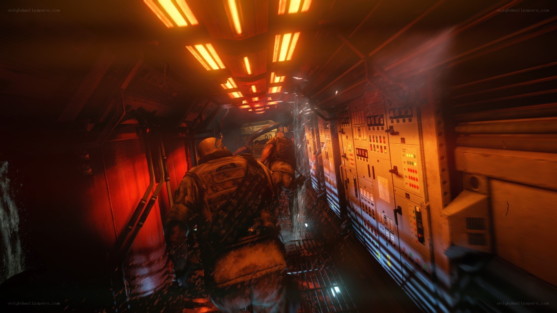 soldiers in a dimly lit corridor