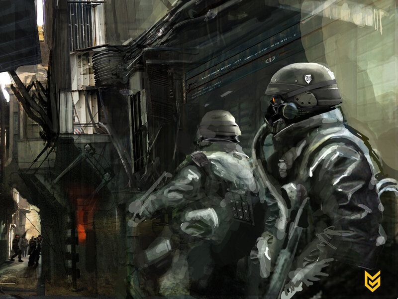 Soldiers in a dystopian alley