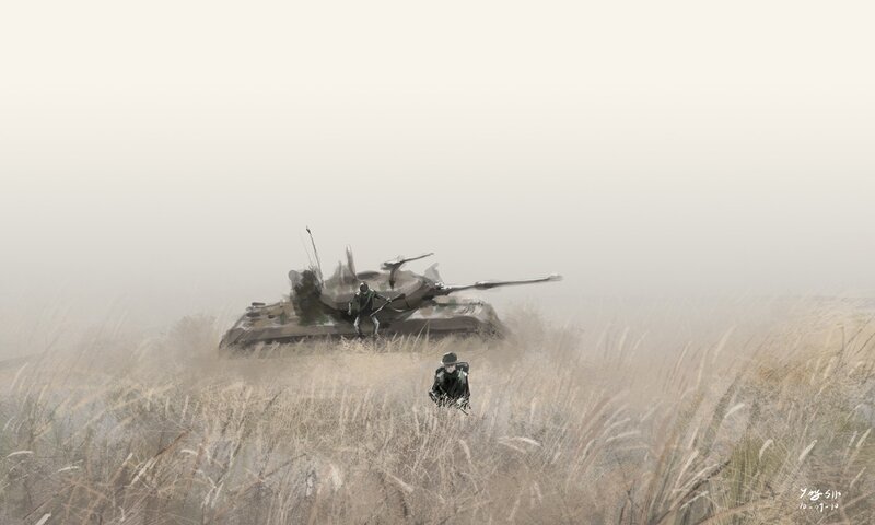 Soldiers in a foggy field