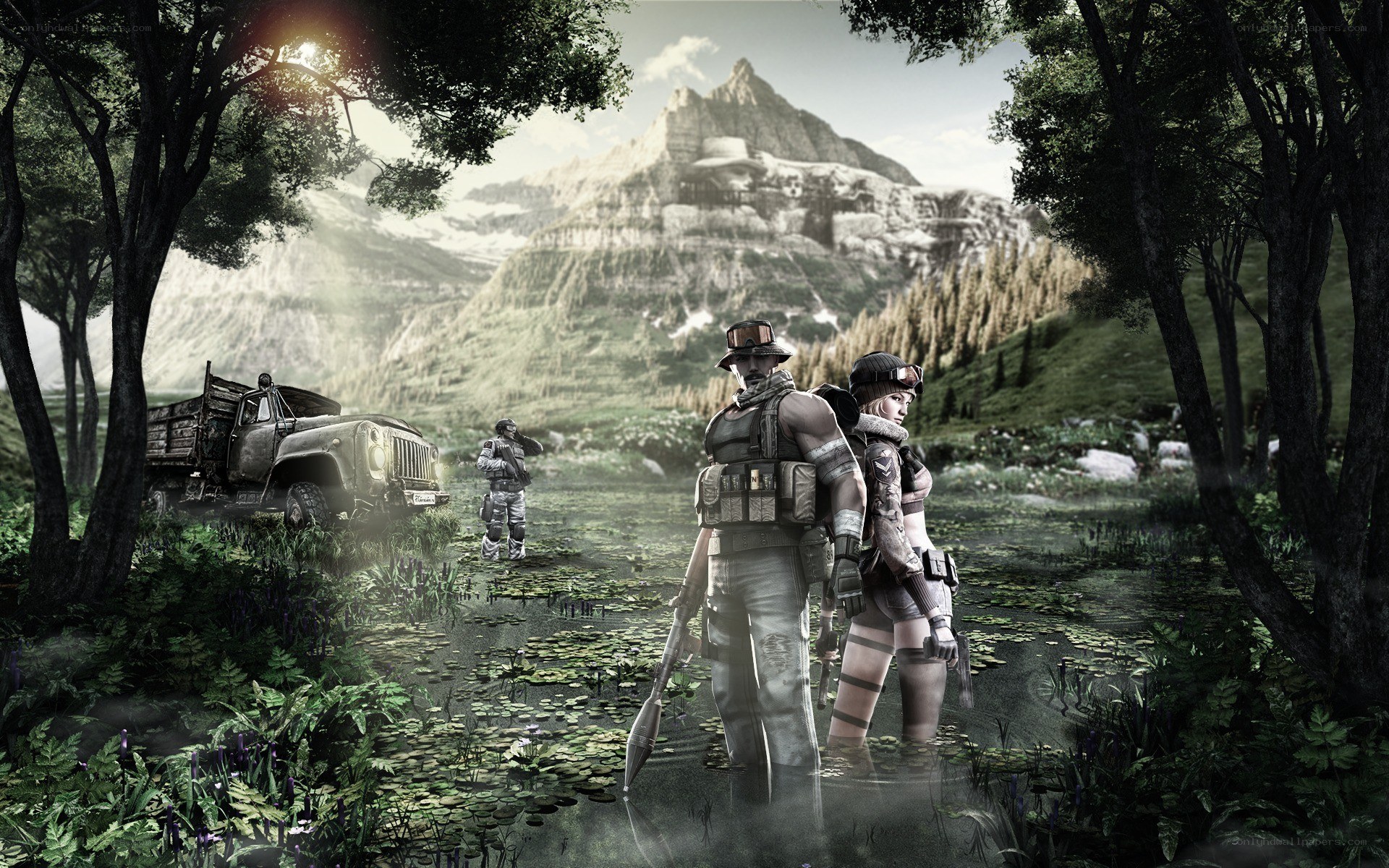 Soldiers in a forest clearing