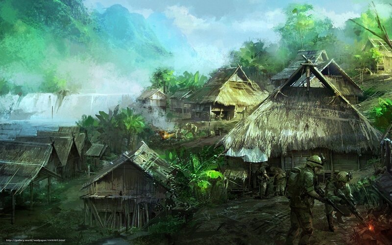 Soldiers in a jungle village