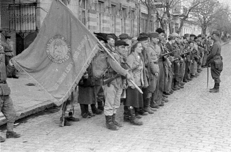Soldiers in a line with flag