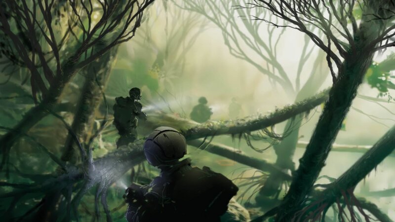 Soldiers in a misty jungle
