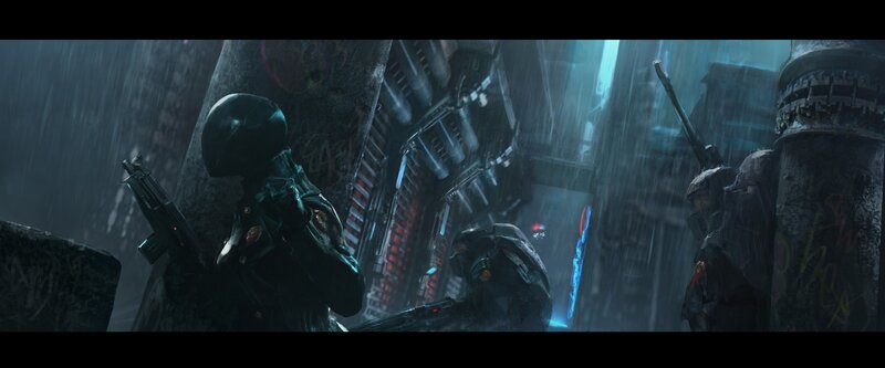 soldiers in a rainy alley