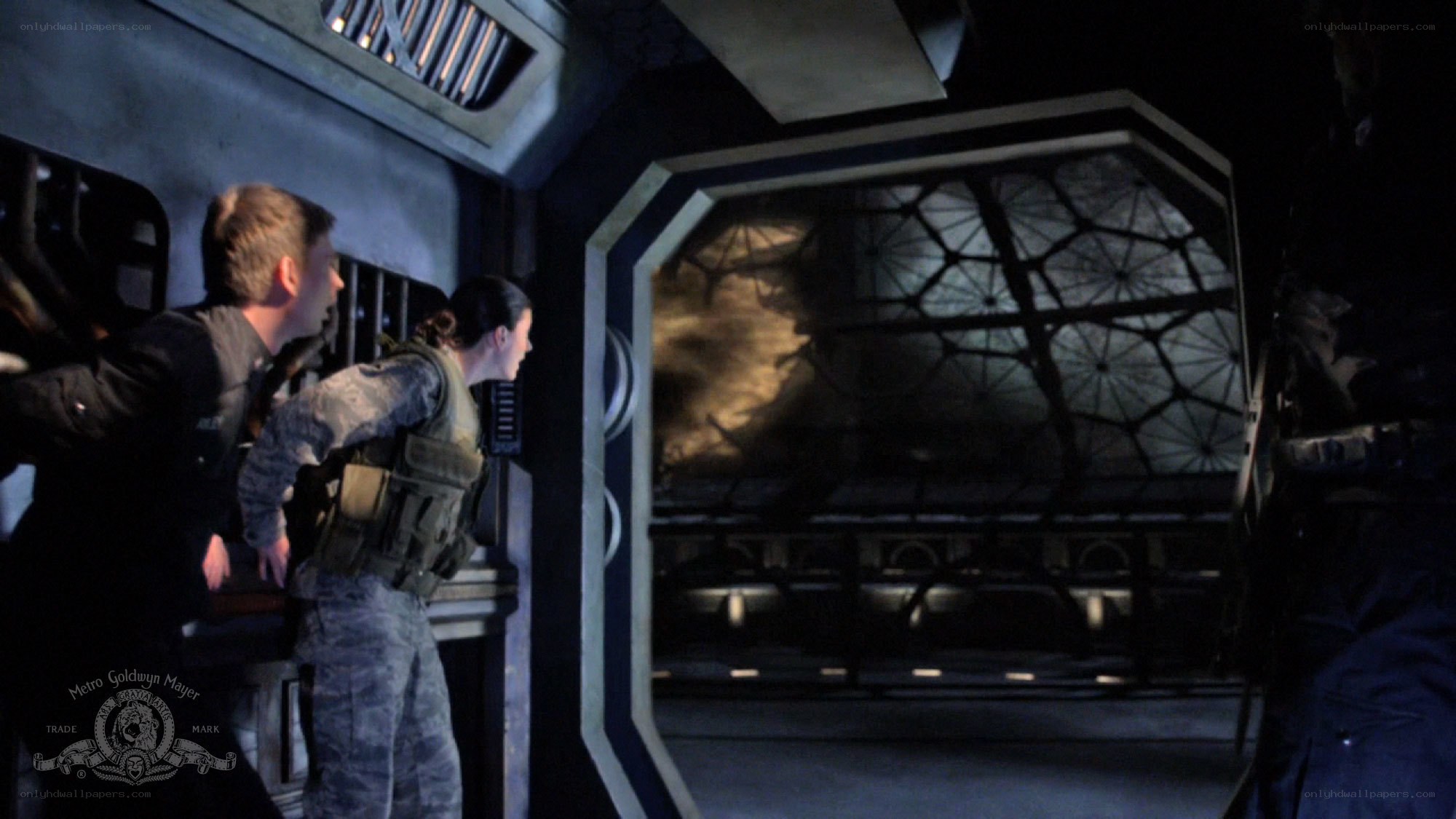 soldiers in a spaceship corridor