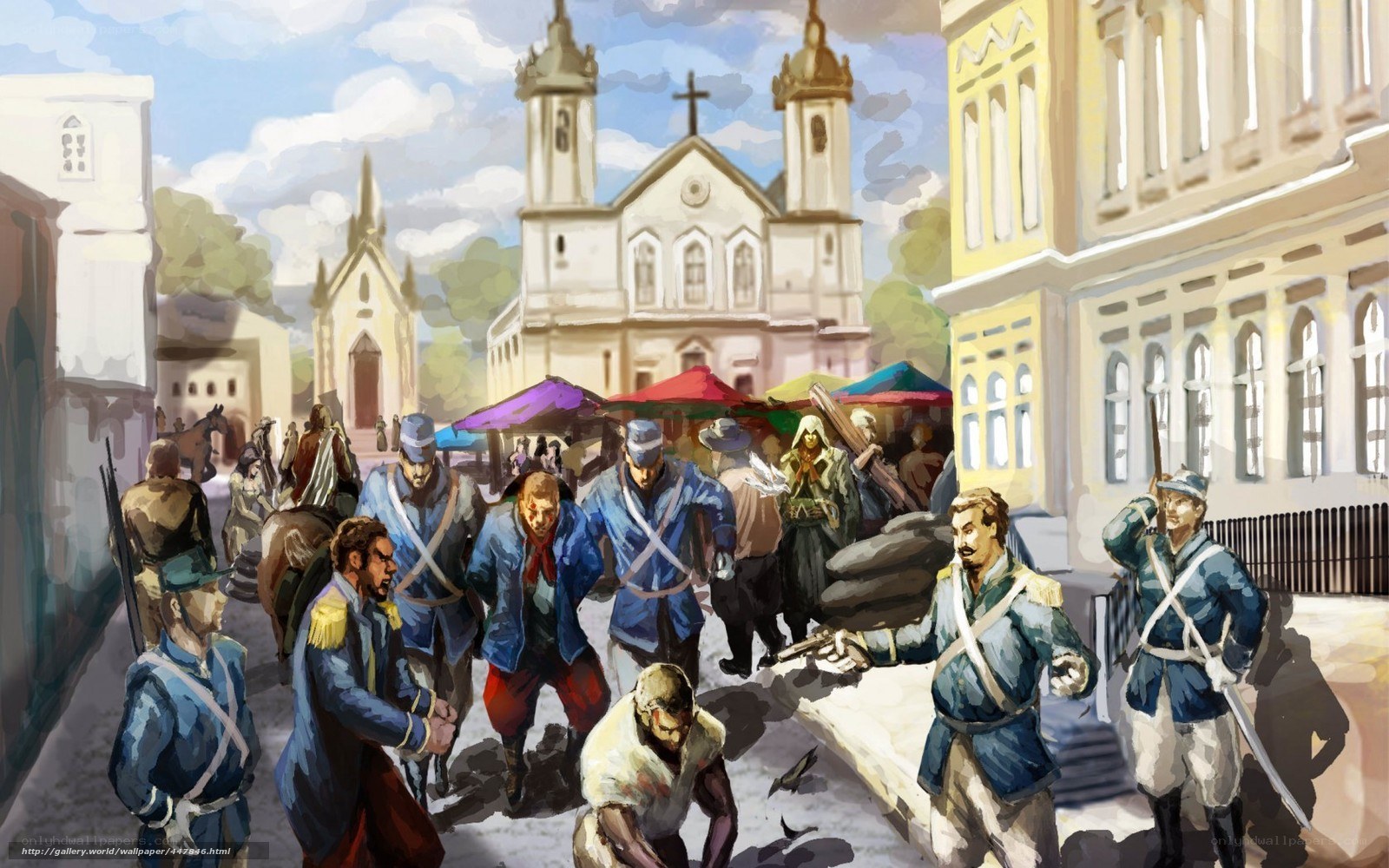Soldiers in a town square