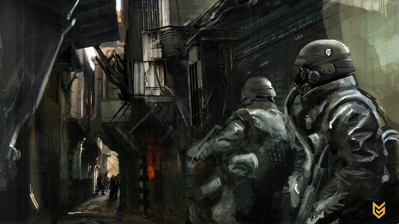 soldiers in a war-torn alley