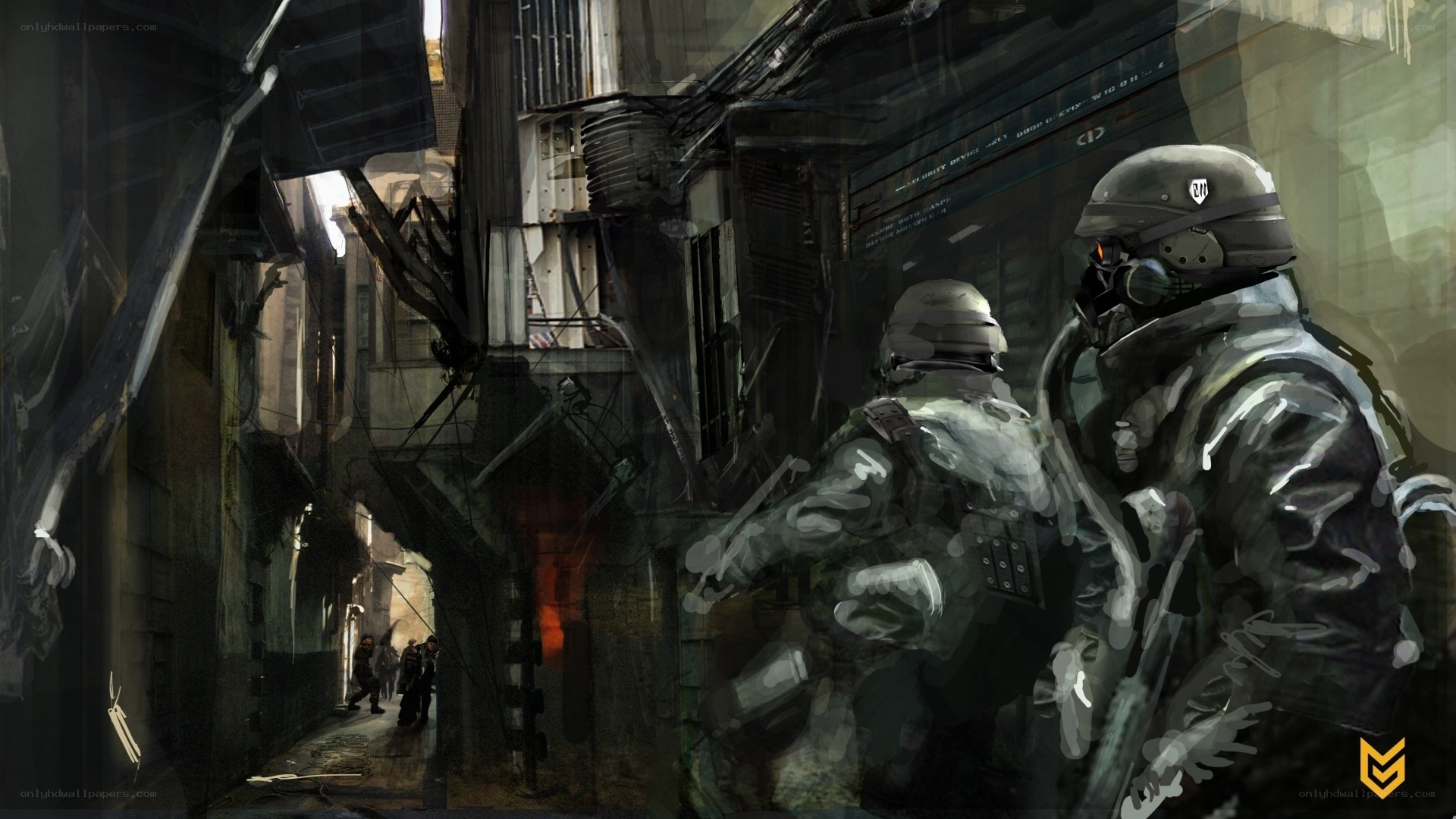 soldiers in a war-torn alley