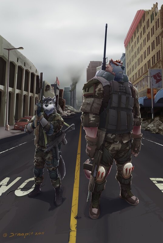 soldiers in a war-torn city