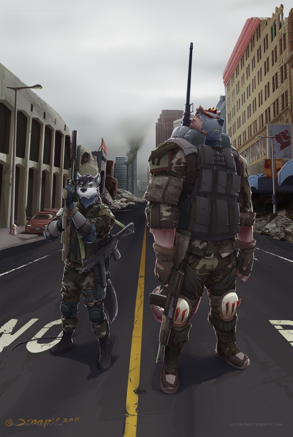soldiers in a war-torn city