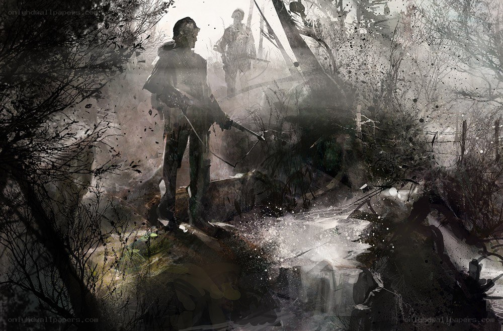 Soldiers in a war-torn forest