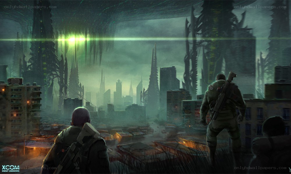 soldiers in alien cityscape