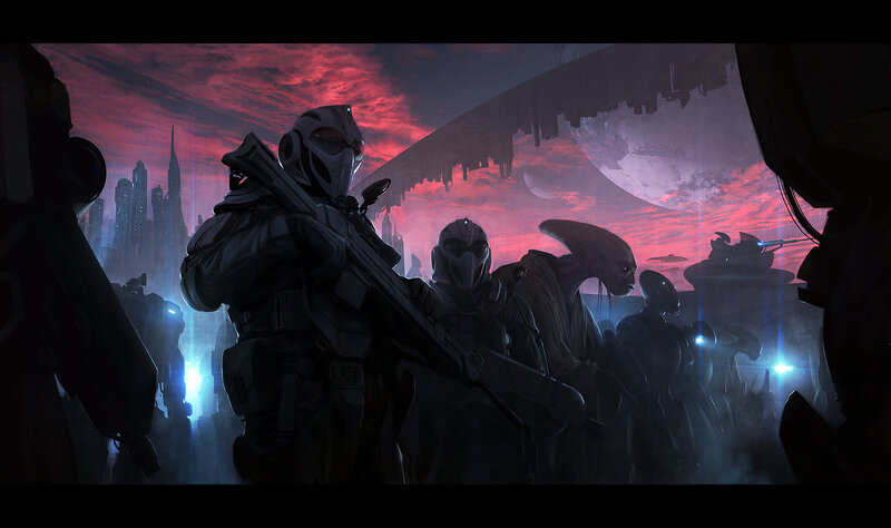 soldiers in alien cityscape