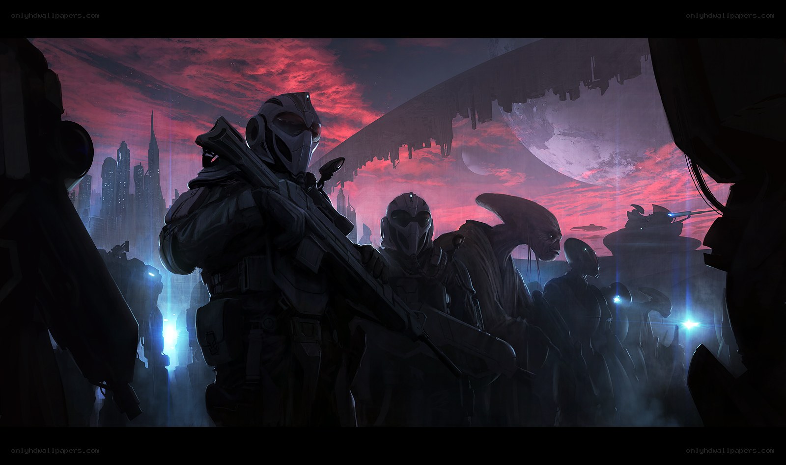 soldiers in alien cityscape