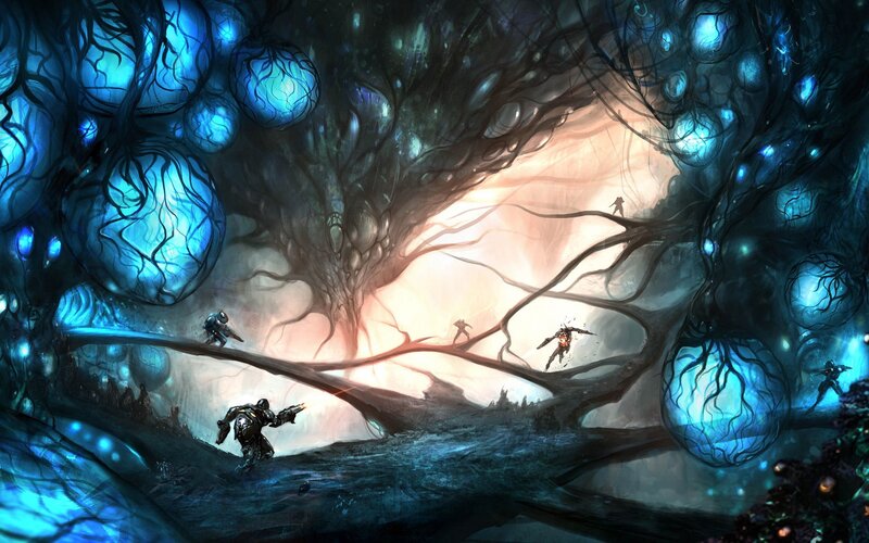 Soldiers in Alien Forest — Blue, Dramatic, Night