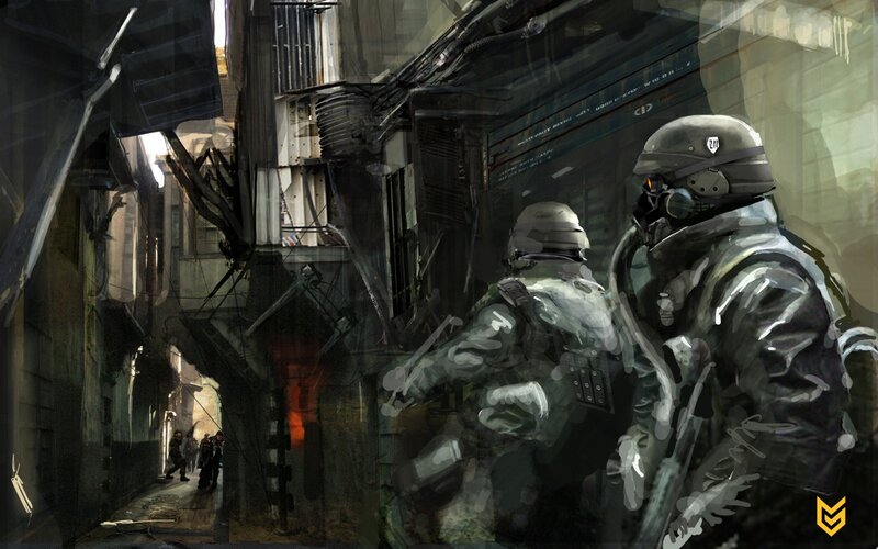 Soldiers in Alley — Gray, Dramatic, Digital Art