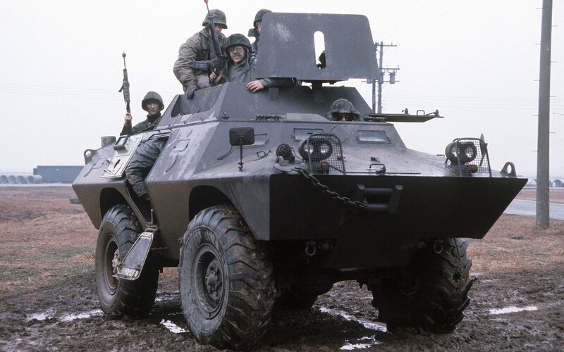 Soldiers in an armored vehicle