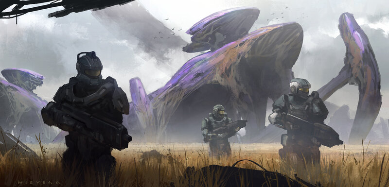 Soldiers in Armor — Gray, Dramatic, Digital Art, Alien Structures