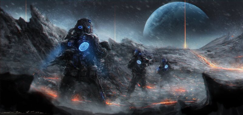Soldiers in Armor — Gray, Dramatic, Night, Digital Art, Planet