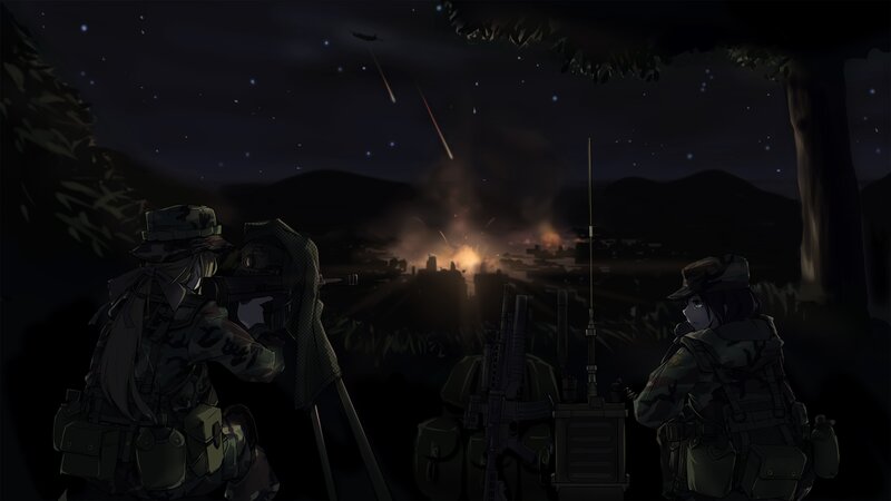 Soldiers in Combat — Black, Dramatic, Night, Anime