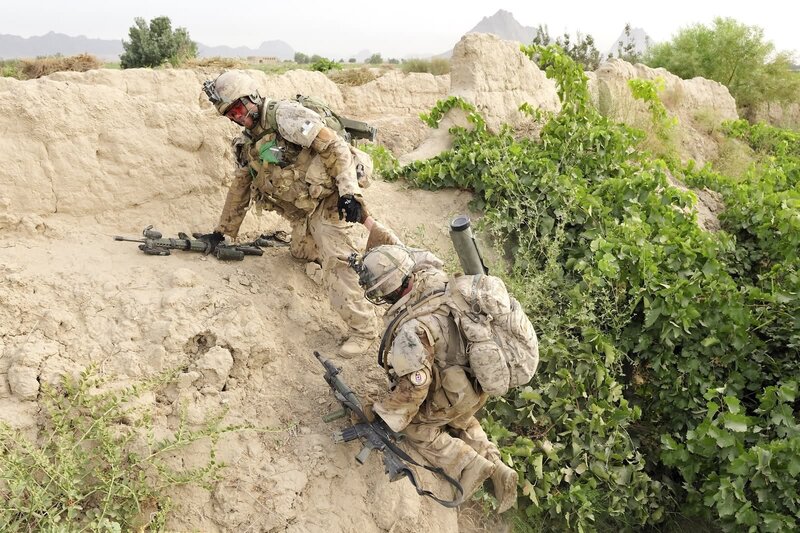 Soldiers in Combat — Brown, Tense, Afternoon, Photograph, Military Gear, Weapons