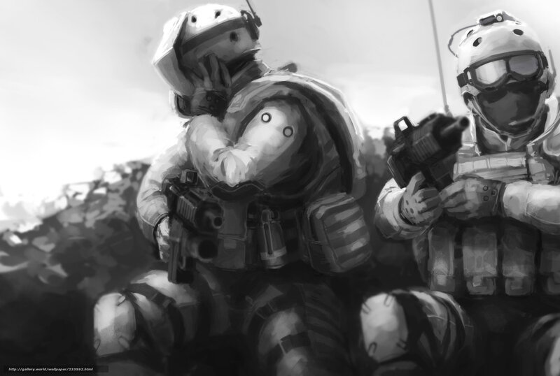 Soldiers in Combat Gear — Black, Dramatic, Digital Art, Guns, Helmets