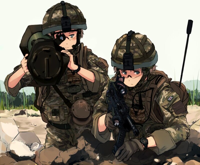 Soldiers in Combat Gear — Green, Tense, Afternoon, Anime