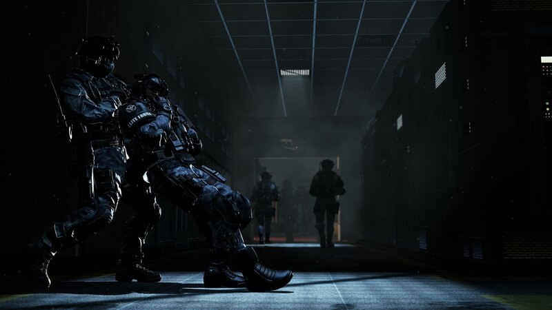 Soldiers in Corridor — Black, Dark, Tense, Night