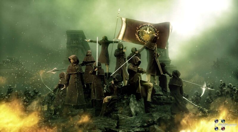 soldiers in dark cloaks on a battlefield