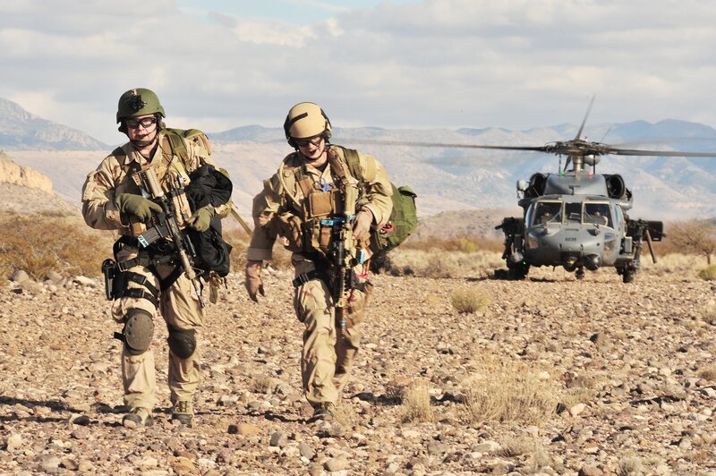 Soldiers in Desert — Brown, Dramatic, Afternoon, Photograph, Helicopter, Mountains