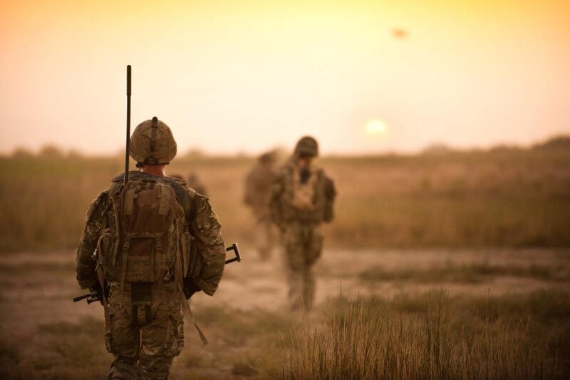 Soldiers in Desert — Brown, Dramatic, Sunset, Photograph, Military Gear