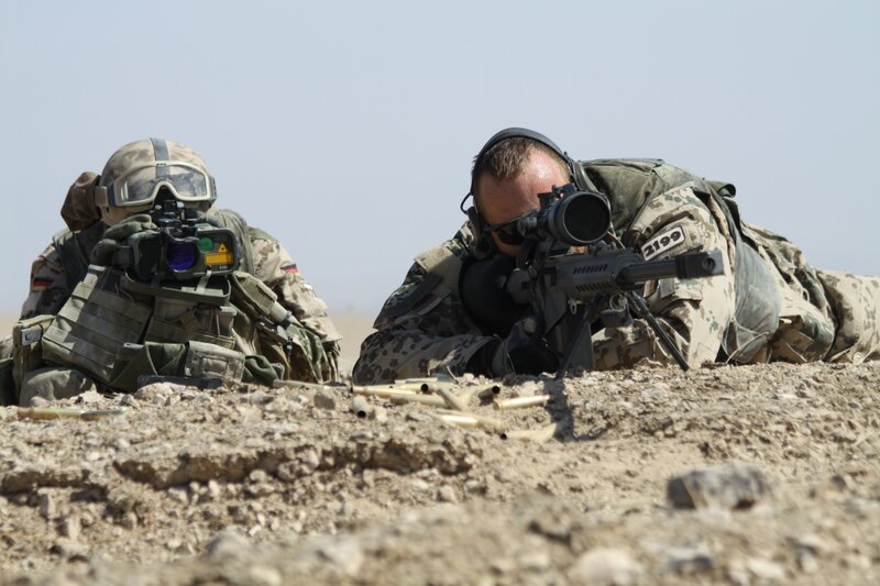 Soldiers in Desert — Brown, Tense, Afternoon, Photograph, Rifle, Binoculars
