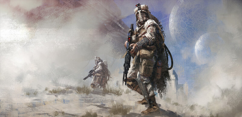 Soldiers in Desert Combat — Brown, Dramatic, Digital Art