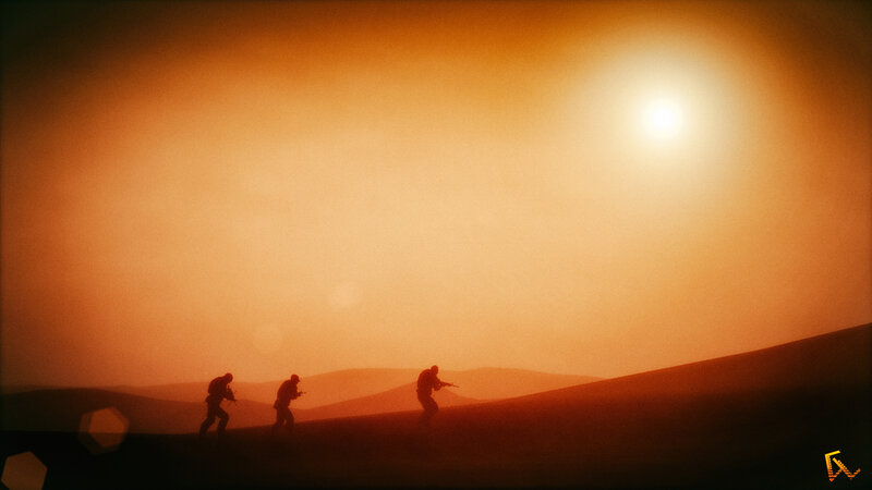 Soldiers in Desert — Orange, Dramatic, Sunset