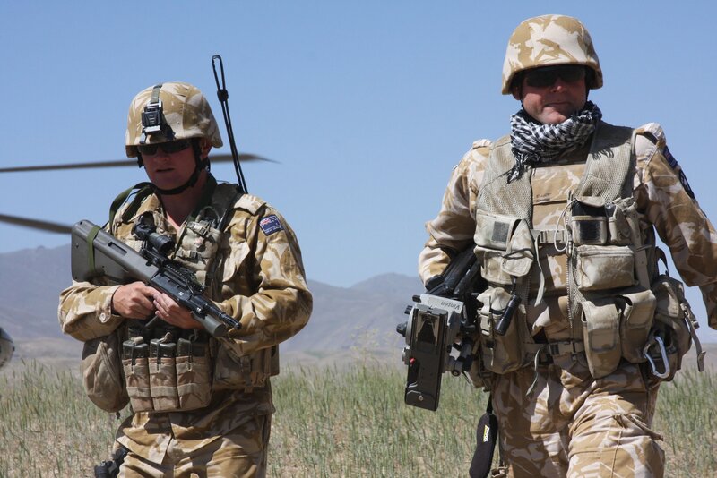 Soldiers in Desert — Tan, Serious, Afternoon, Photograph, Helicopter