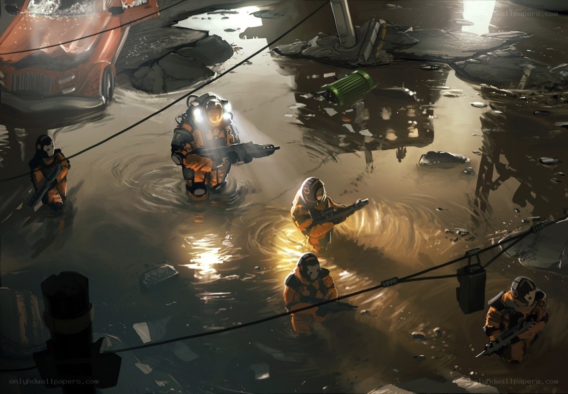 Soldiers in flooded city