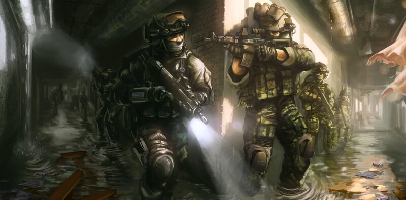 Soldiers in Flooded Tunnel — Green