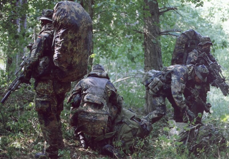 Soldiers in Forest — Green, Tense, Afternoon, Photograph, Backpacks