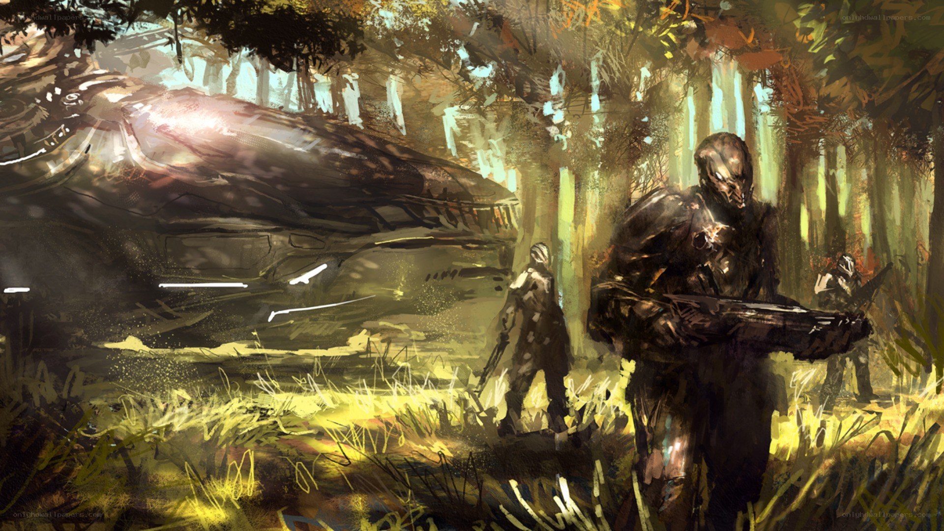 Soldiers in forest with alien ship