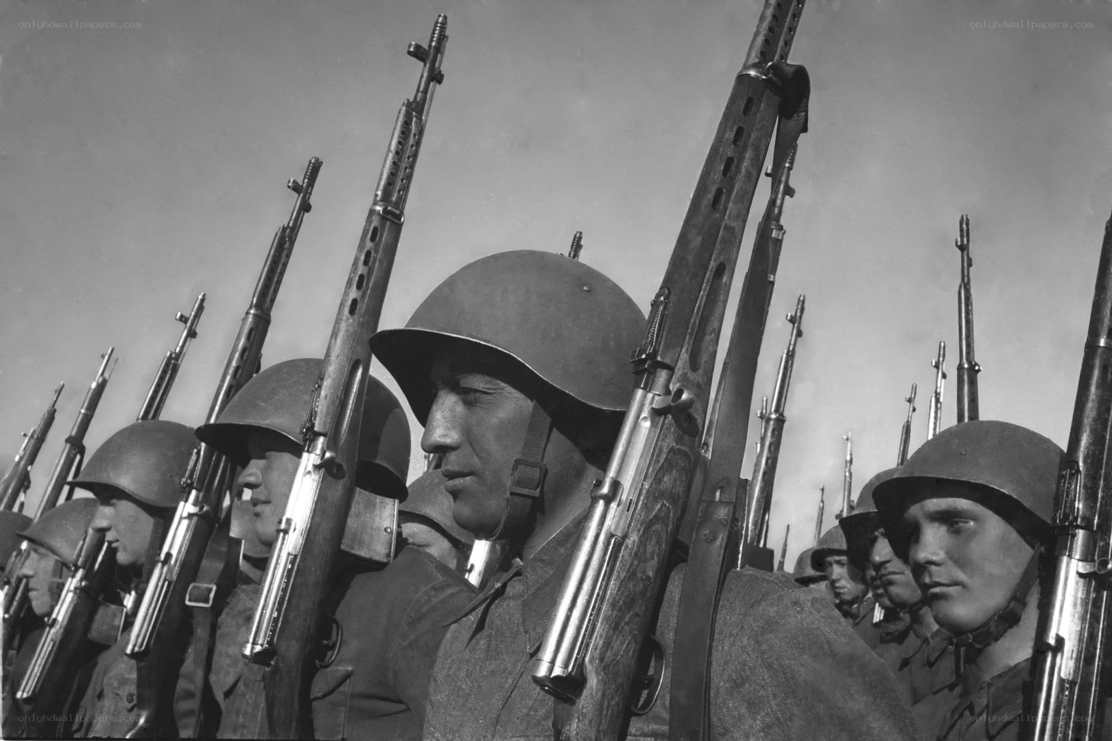 Soldiers in formation with rifles