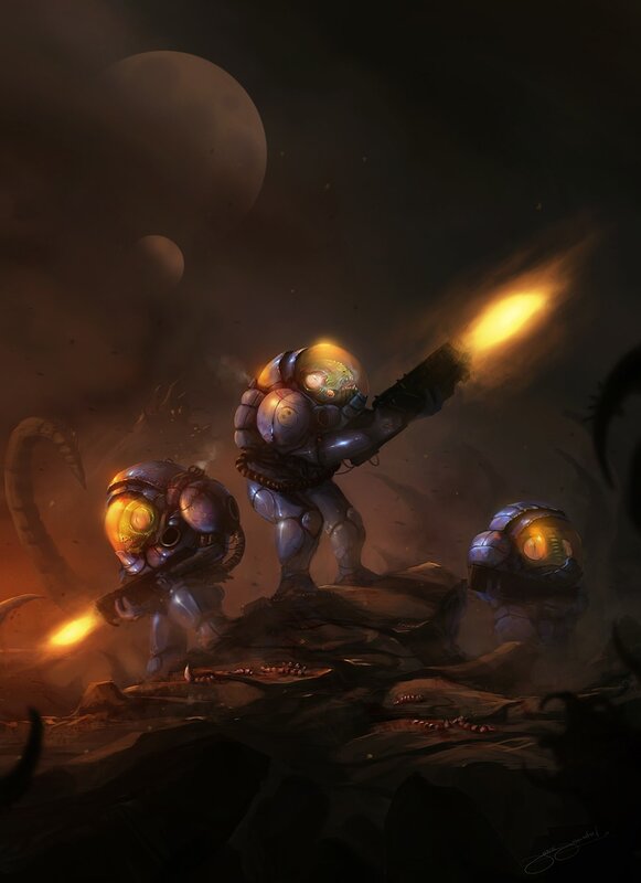 Soldiers in futuristic armor