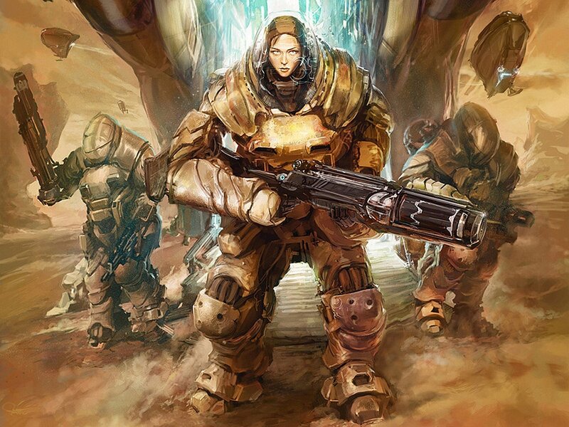 soldiers in futuristic armor