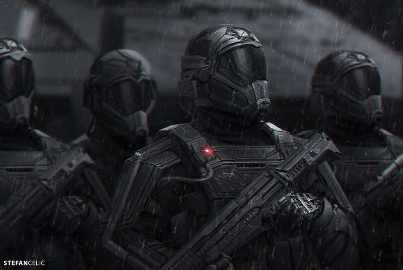 Soldiers in Futuristic Armor — Black, Dramatic, Night, Digital Art, Rain, Weapons, Helmet