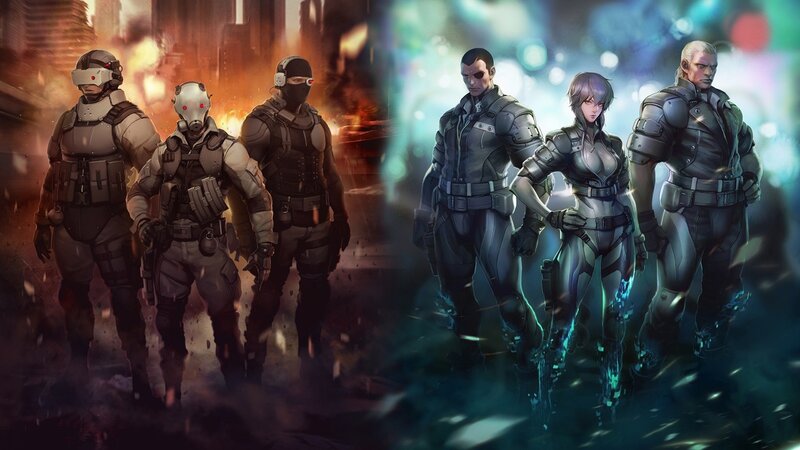 Soldiers in Futuristic Armor — Gray, Dramatic, Digital Art, Armored Soldiers, Explosion