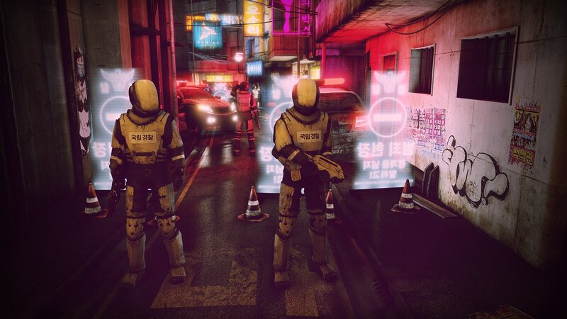 Soldiers in Futuristic Armor — Red, Dark, Tense