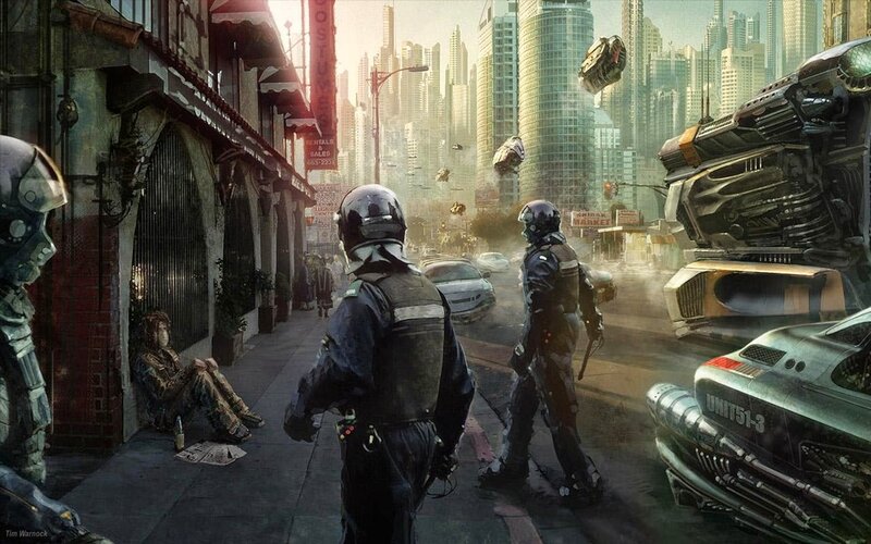 Soldiers in Futuristic City — Gray, Dramatic, Afternoon