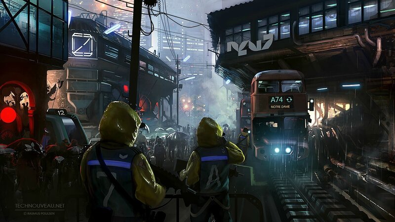 Soldiers in Futuristic City — Gray, Dramatic
